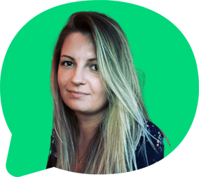 Headshot of Sandra Skuke in a green bubble graphic frame. Decorative.