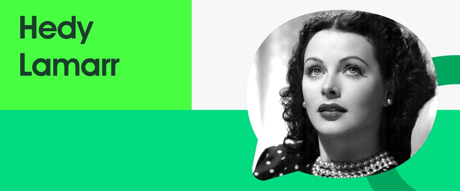 Decorative graphic including "Hedy Lamarr" in text and image of her in black and white