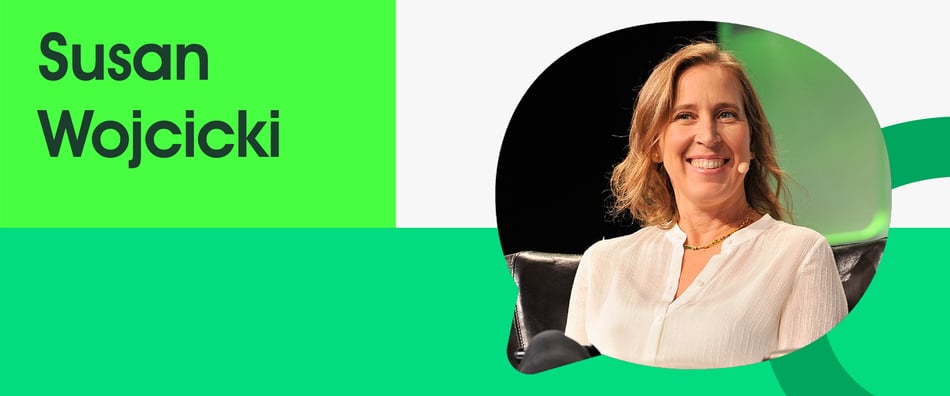 Graphic showing Susan Wojcicki of Google. Including her name and green decorative graphic elements.