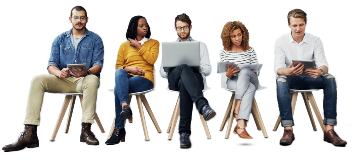 Diverse group of 5 people sat on chairs looking at devices