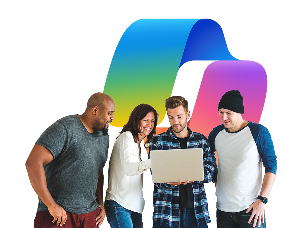 A group of people looking at a laptop - large Microsoft Copilot logo behind them A group of people looking at a laptop - large Microsoft Copilot logo behind them