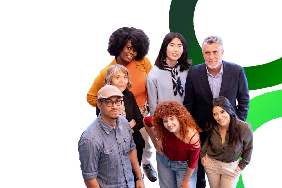 Diverse team looking at the camera with decorative elements Diverse team looking at the camera with decorative elements